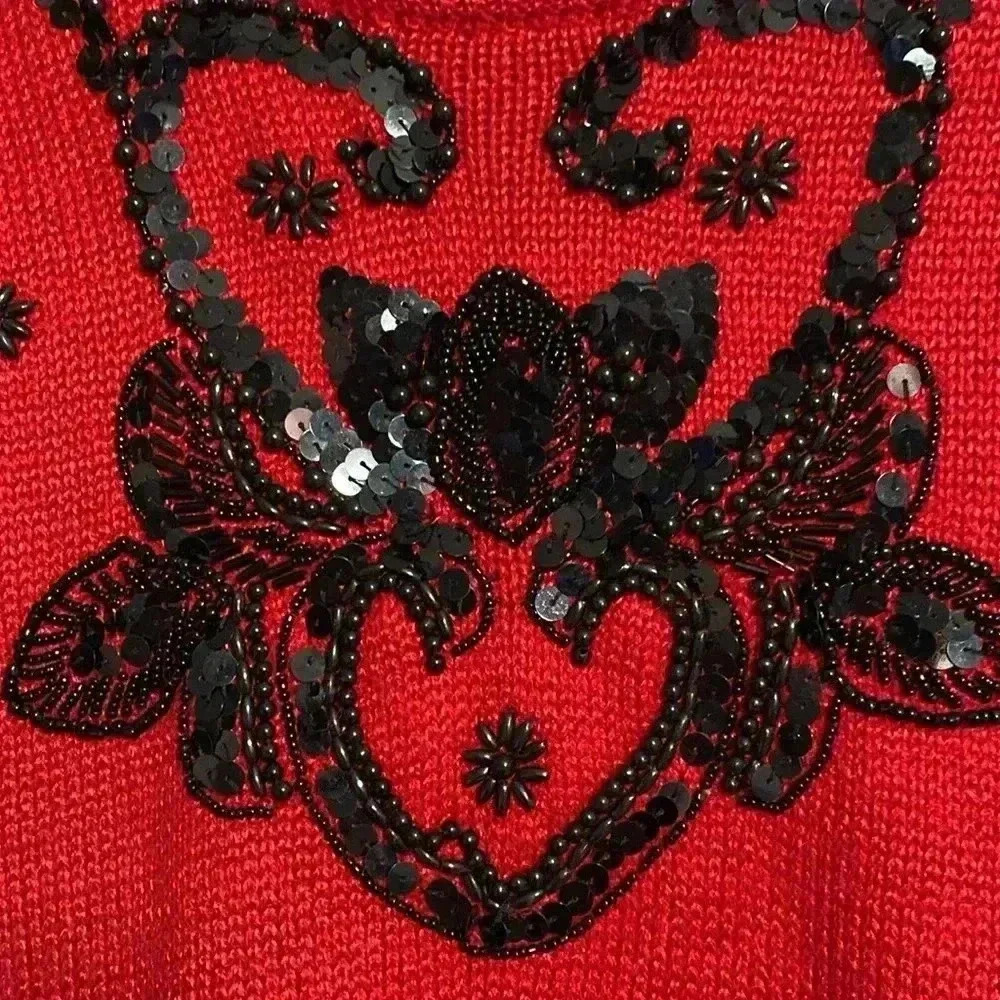 Dana Scott vintage 80’s embellished red & black sequin knit sweater size MEDIUM - Picture 8 of 12